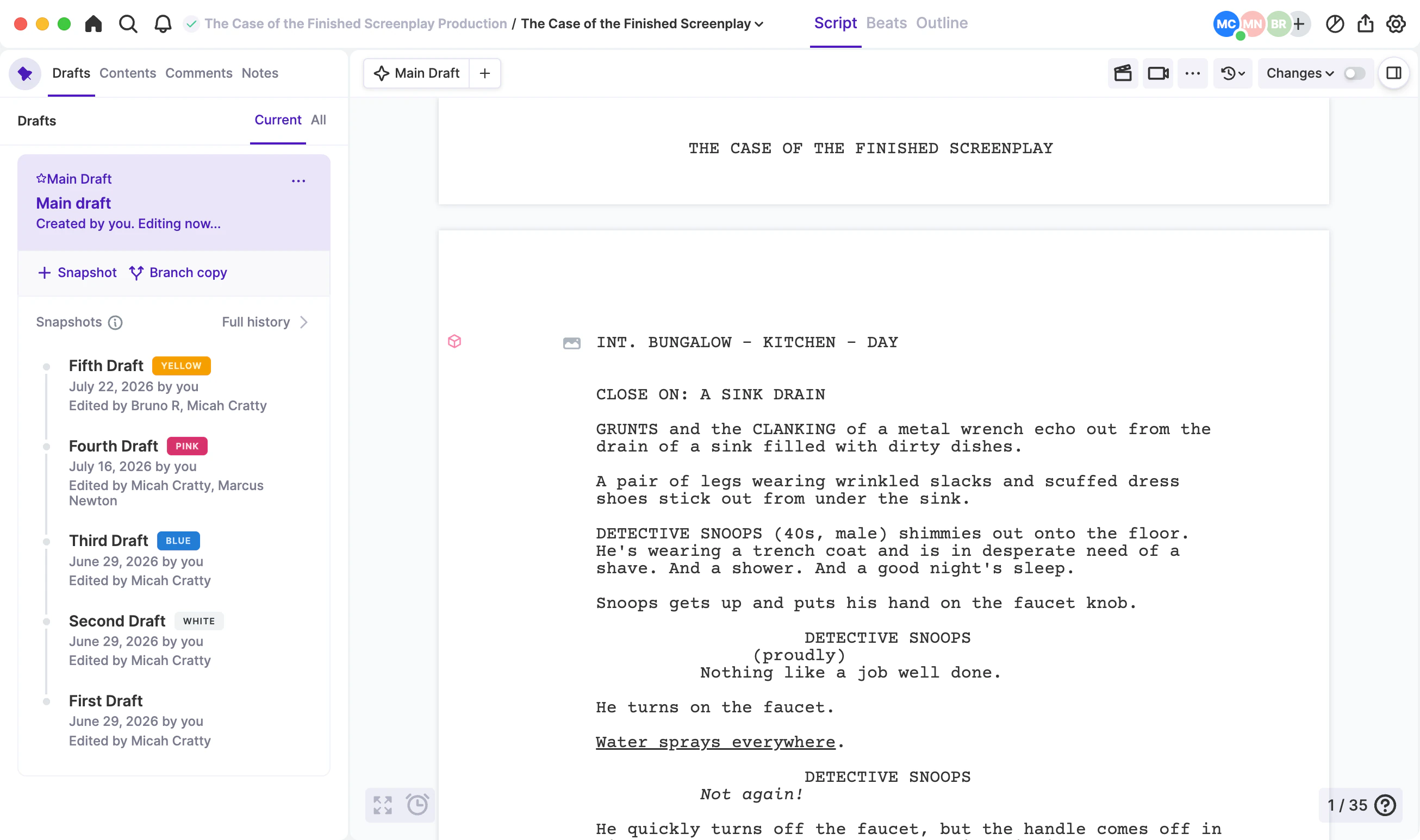 An episode script with its outline and drafts organized in Arc Studio.